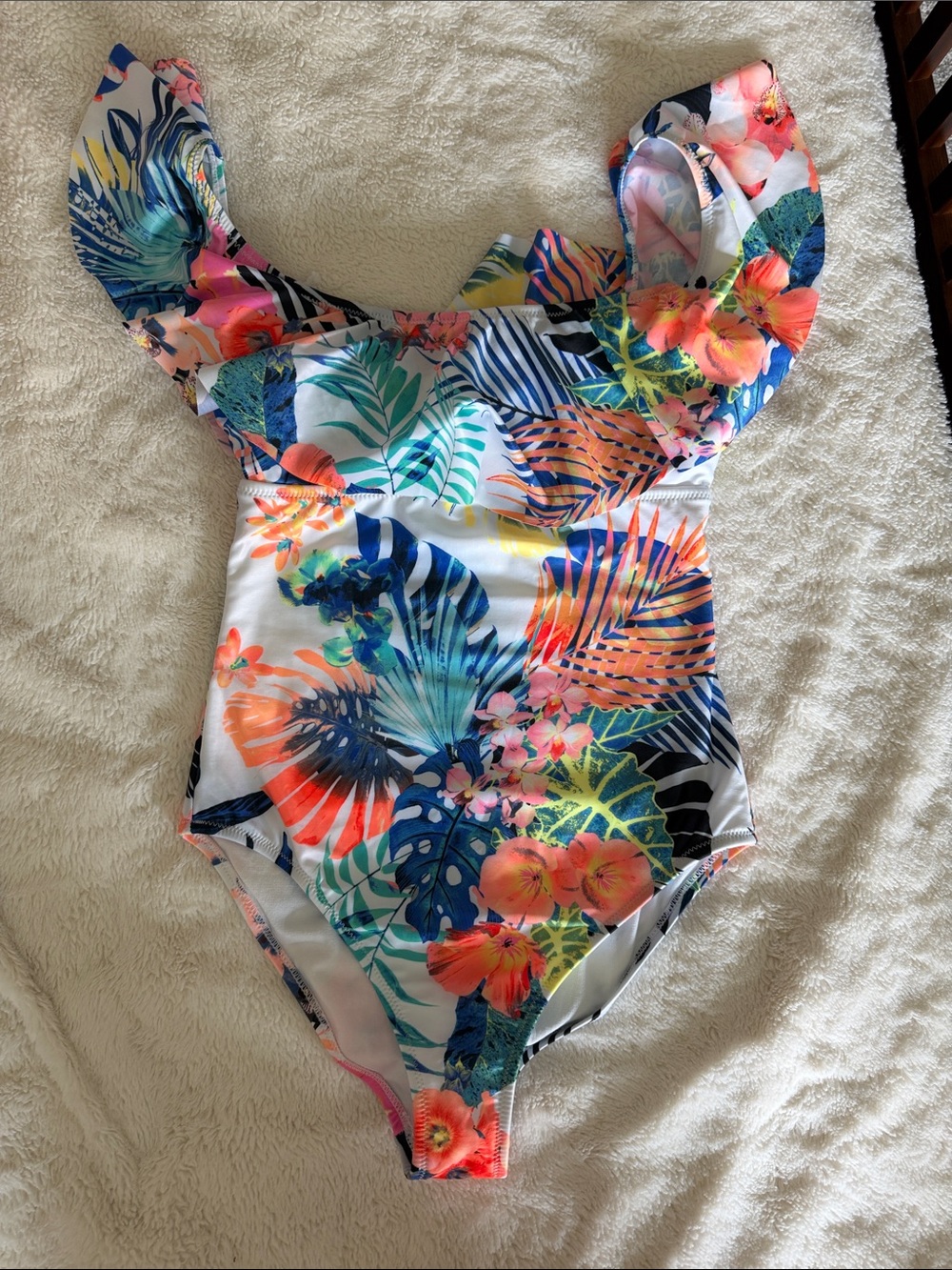 Raisins Girls White One-Piece Swimsuit with Multicolor Tropical Print